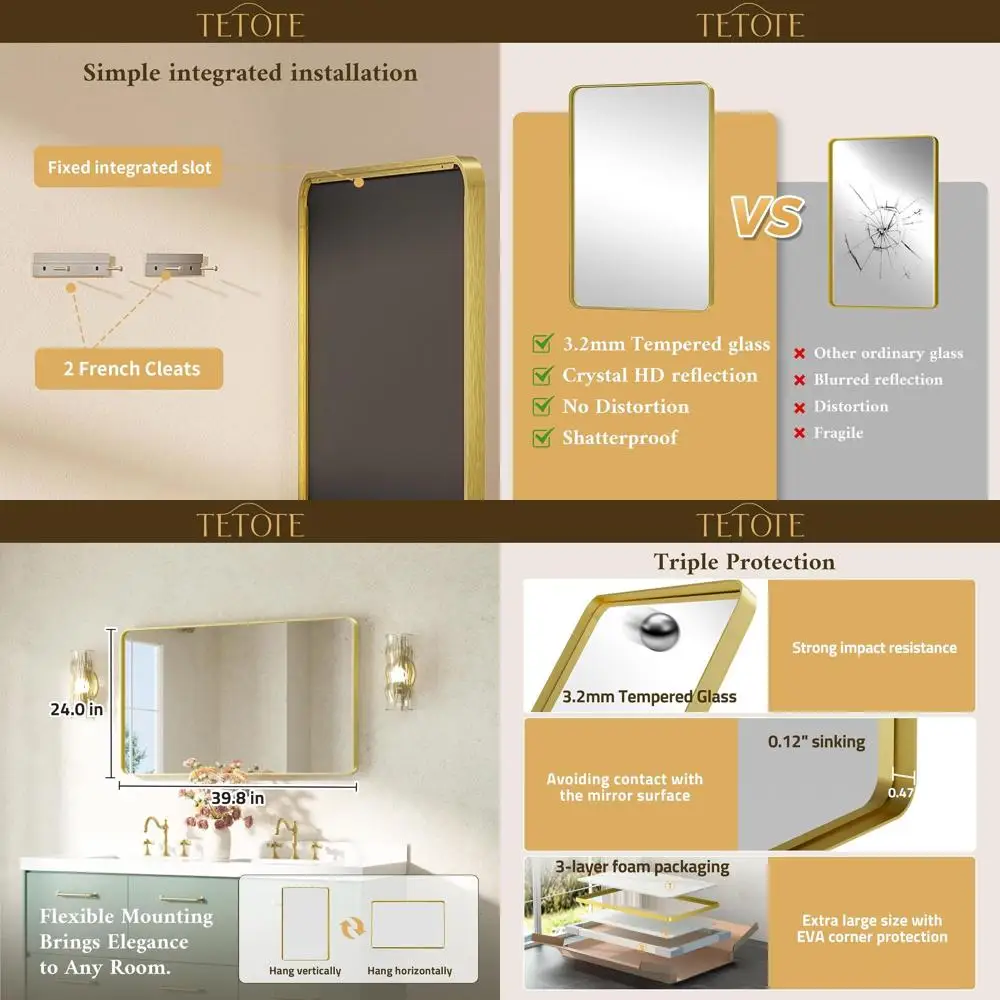 Зеркало для ванной комнаты из закаленного стекла в золотой рамке 40x24 дюйма, современный стиль фермерского дома, настенное крепление для декоративного использования (горизонтальное или верт.
Зеркало для ванной комнаты из закаленного стекла в золотой рамке 40x24 дюйма, современный стиль фермерского дома, настенное крепление для декоративного использования (горизонтальное или верт.