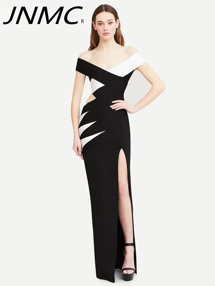 JNMC Women's Minimalist Sexy V-neck Off-the-shoulder Hollow Black And White Cross Color Bandage Dress Women's Slit Dress
JNMC Women's Minimalist Sexy V-neck Off-the-shoulder Hollow Black And White Cross Color Bandage Dress Women's Slit Dress