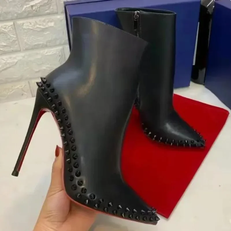Genuine Leather Black Thin High Heels Ankle Boots For Women Rivets Boots Ladies Shoes Comfortable Pointed Toe Stiletto Heels
Genuine Leather Black Thin High Heels Ankle Boots For Women Rivets Boots Ladies Shoes Comfortable Pointed Toe Stiletto Heels