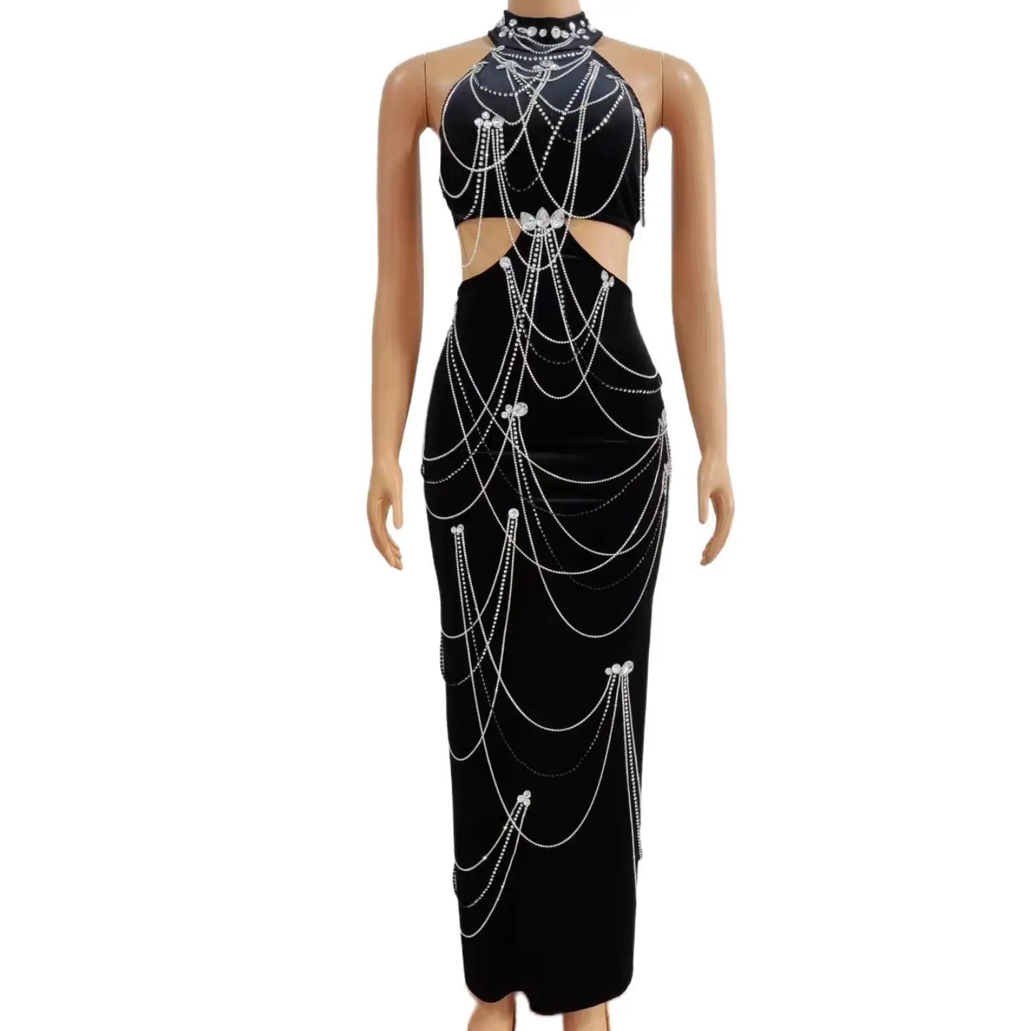 Zuanlianhei Luxury Black Velvet Rhinestone Chain Halter Neck Cutout Maxi Dress for Women Formal Prom Gala Evening Party
Zuanlianhei Luxury Black Velvet Rhinestone Chain Halter Neck Cutout Maxi Dress for Women Formal Prom Gala Evening Party