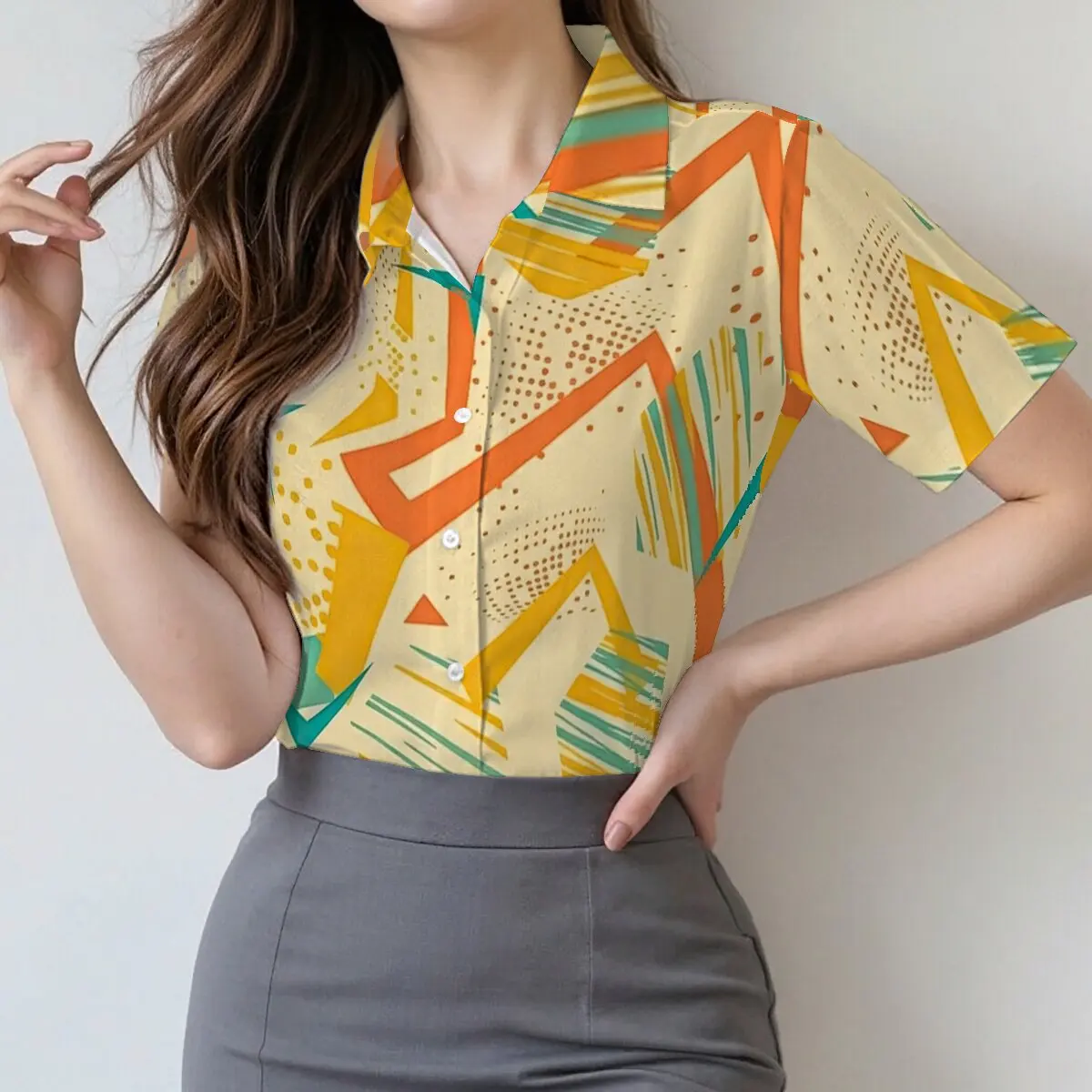 Summer women's short-sleeve shirt, single-breasted, irregular pattern, fashionable and avant-garde, for workplace and social
Summer women's short-sleeve shirt, single-breasted, irregular pattern, fashionable and avant-garde, for workplace and social