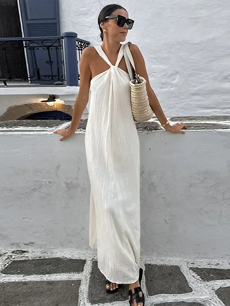 Sexy Off Shoulder Sleeveless Halter Maxi Dress For Women Fashion White Loose Dresses Spring 2024 Ladies Beach Holiday Vestidos 
Sexy Off Shoulder Sleeveless Halter Maxi Dress For Women Fashion White Loose Dresses Spring 2024 Ladies Beach Holiday Vestidos