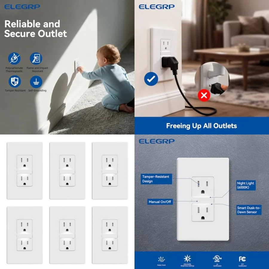 Decorative Outlet Night Light, Electrical Wall Outlets with Built in Led Guidelight 6000K, Tamper Resistant Receptacle, 15 Amp
Decorative Outlet Night Light, Electrical Wall Outlets with Built in Led Guidelight 6000K, Tamper Resistant Receptacle, 15 Amp