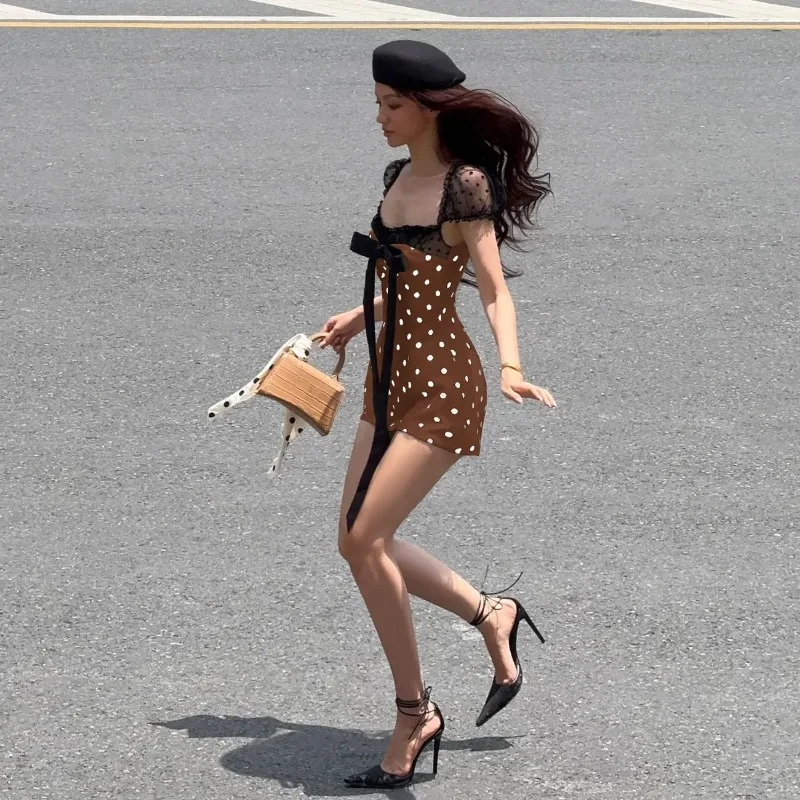 Women's Brown Polka Dot Mini Dress Mesh Puff Sleeve Black Bow Decor Square Neck Bodycon Party Dress
Women's Brown Polka Dot Mini Dress Mesh Puff Sleeve Black Bow Decor Square Neck Bodycon Party Dress