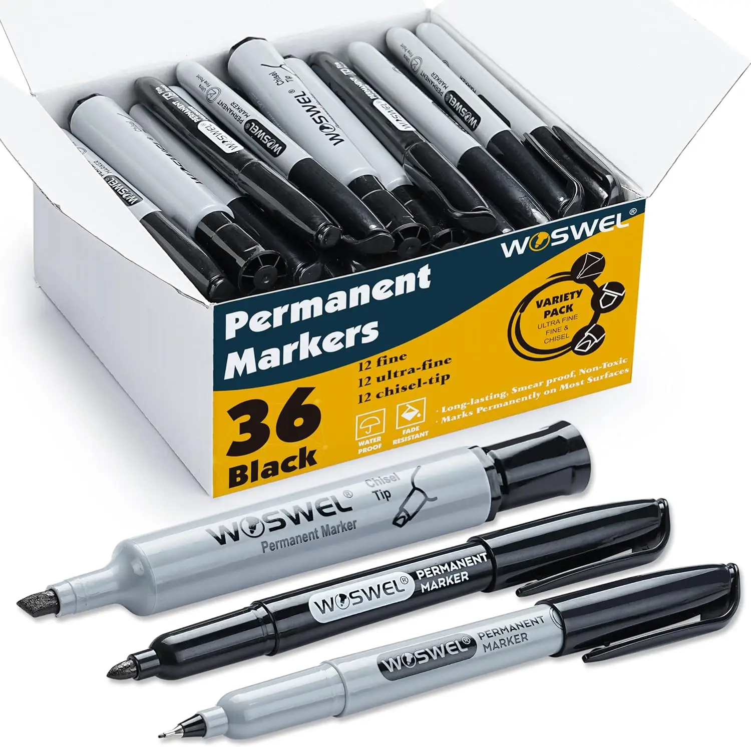36 Black Permanent Markers Set: Ultra-Fine, Fine & Chisel Tips for Art, Office & Industrial Use on Plastic, Wood, Stone, Metal, Glass
36 Black Permanent Markers Set: Ultra-Fine, Fine & Chisel Tips for Art, Office & Industrial Use on Plastic, Wood, Stone, Metal, Glass