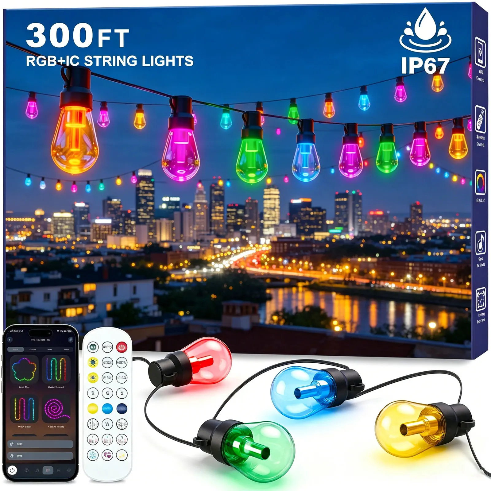 300FT RGB+IC LED String Lights, APP Control Music Sync DreamColor Chasing Light, IP67 Waterproof Shatterproof Dimmable Outdoor Bulb Lights, Multicolor Dynamic Lighting for Patio Balcony Garden Yard Decor
300FT RGB+IC LED String Lights, APP Control Music Sync DreamColor Chasing Light, IP67 Waterproof Shatterproof Dimmable Outdoor Bulb Lights, Multicolor Dynamic Lighting for Patio Balcony Garden Yard Decor