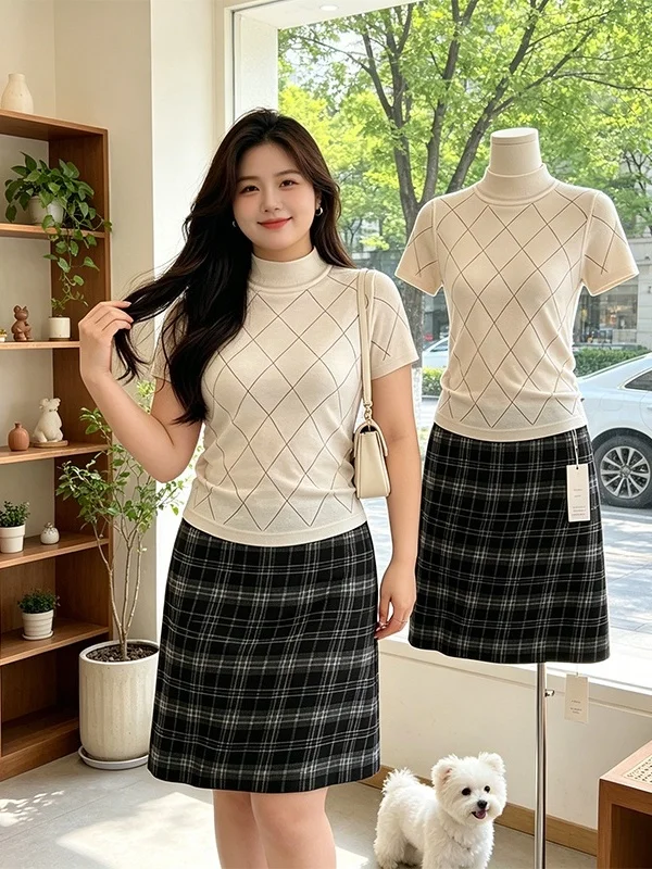 plus Size Knitted Half High Collar T-Shirt And Plaid Skirt Set Women's Summer Slimming Two-Piece Ensemble Korean Style
plus Size Knitted Half High Collar T-Shirt And Plaid Skirt Set Women's Summer Slimming Two-Piece Ensemble Korean Style