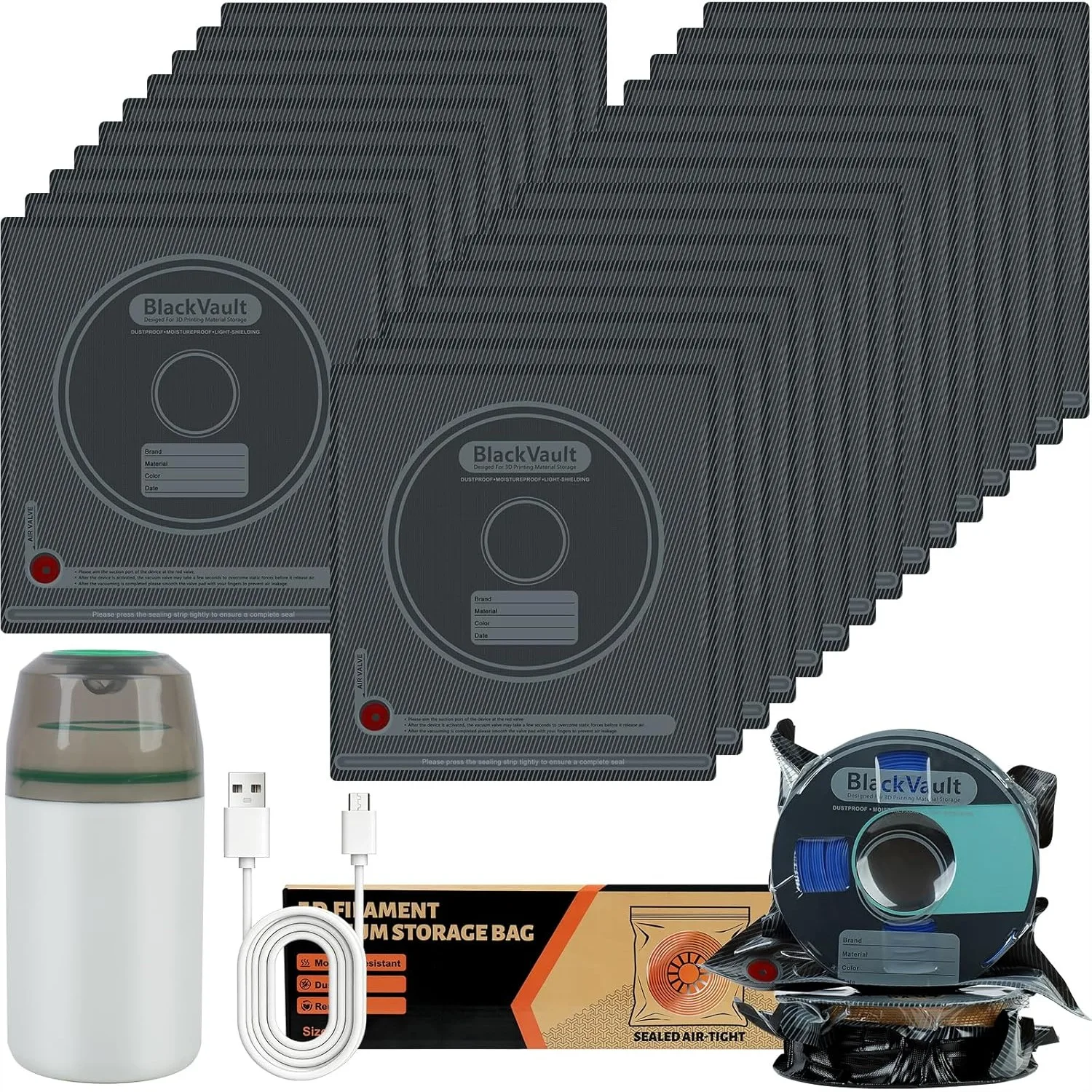3D Filament Vacuum Storage Bags Kit 25 Pcs with 5 Sealing Clips and 1 Pump for 1KG Spools Lightproof Dustproof Reusable
3D Filament Vacuum Storage Bags Kit 25 Pcs with 5 Sealing Clips and 1 Pump for 1KG Spools Lightproof Dustproof Reusable