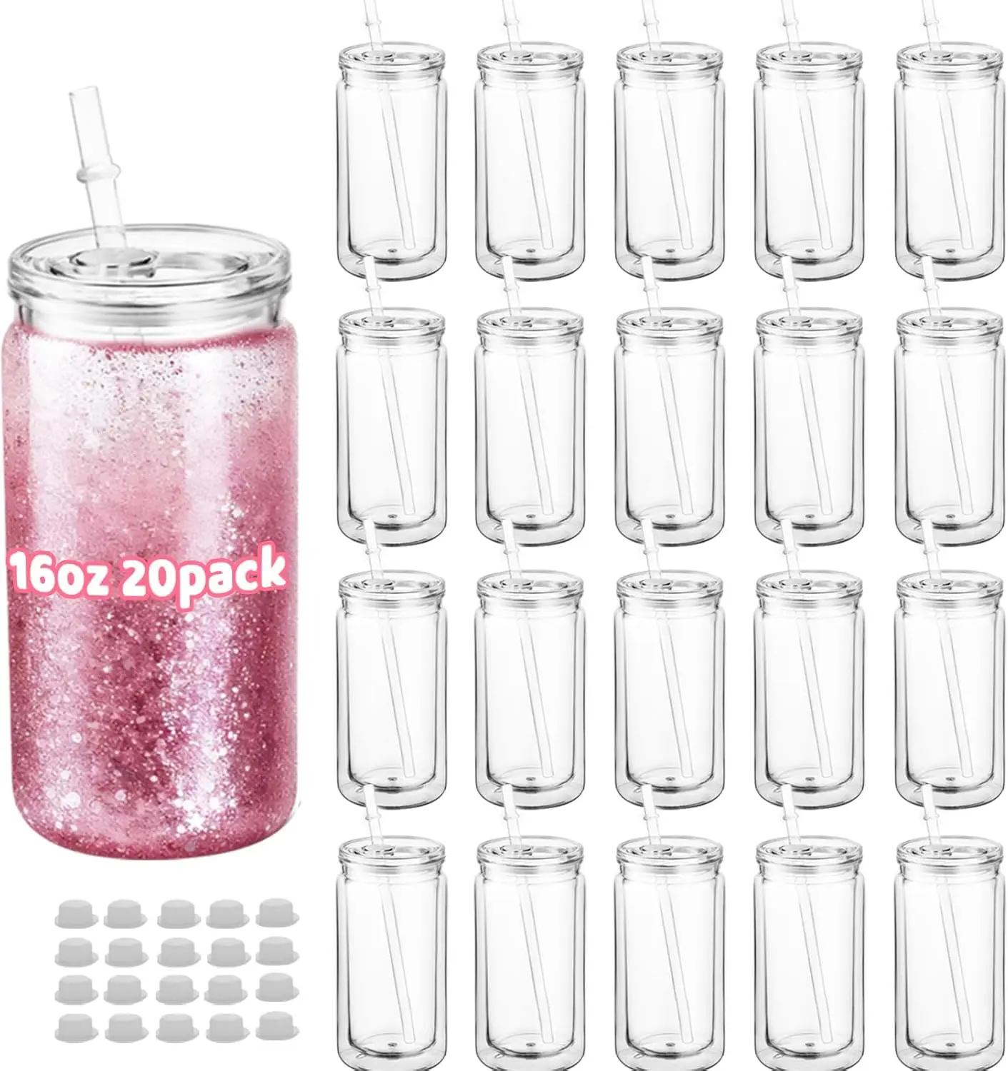 20 Pack 16oz Snow Globe Tumblers with Lids, Straws & Plugs, Double Wall Acrylic Cups, DIY Craft Supplies, Clear for Glitter
20 Pack 16oz Snow Globe Tumblers with Lids, Straws & Plugs, Double Wall Acrylic Cups, DIY Craft Supplies, Clear for Glitter