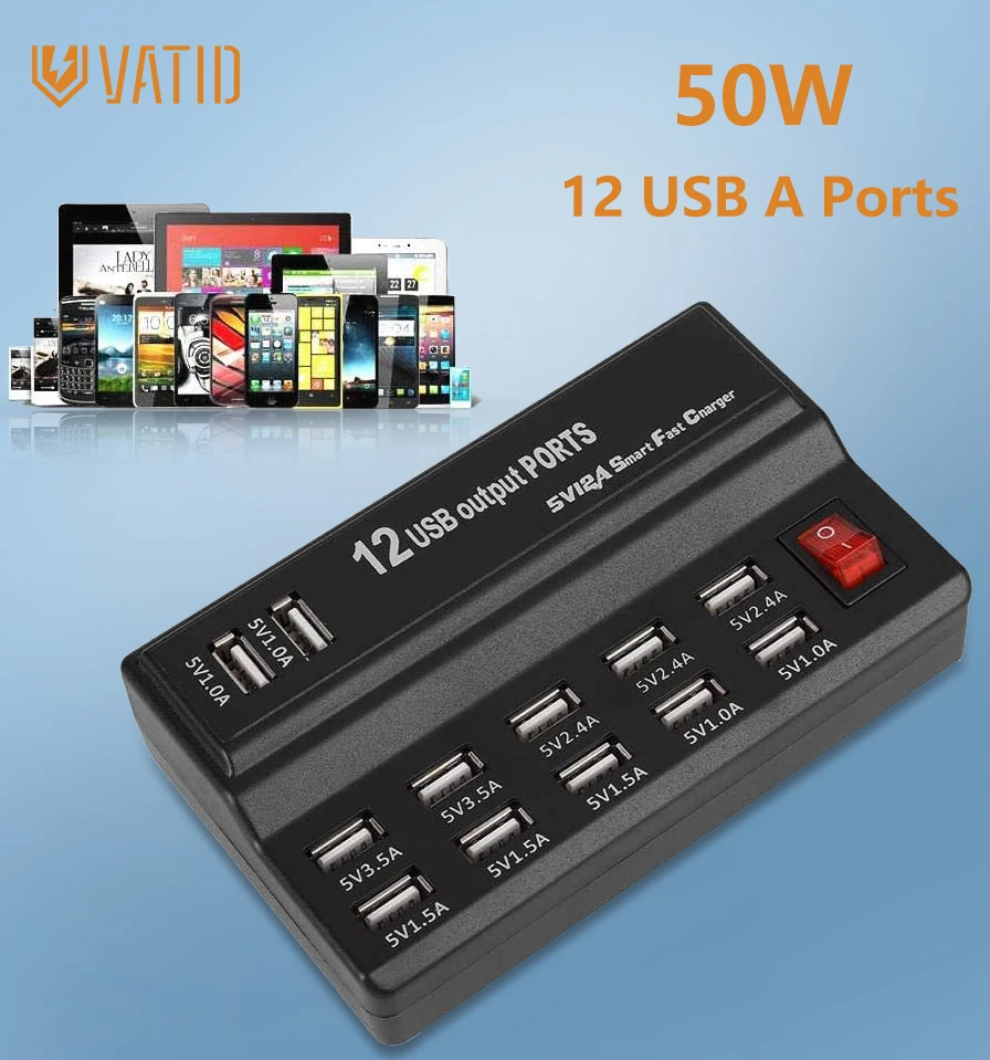 VATID 50W USB Charger 12-Ports Phone Charger Desktop Charging Station Multi-Ports Charger for iPhone iPad Samsung Huawei Xiaomi
VATID 50W USB Charger 12-Ports Phone Charger Desktop Charging Station Multi-Ports Charger for iPhone iPad Samsung Huawei Xiaomi