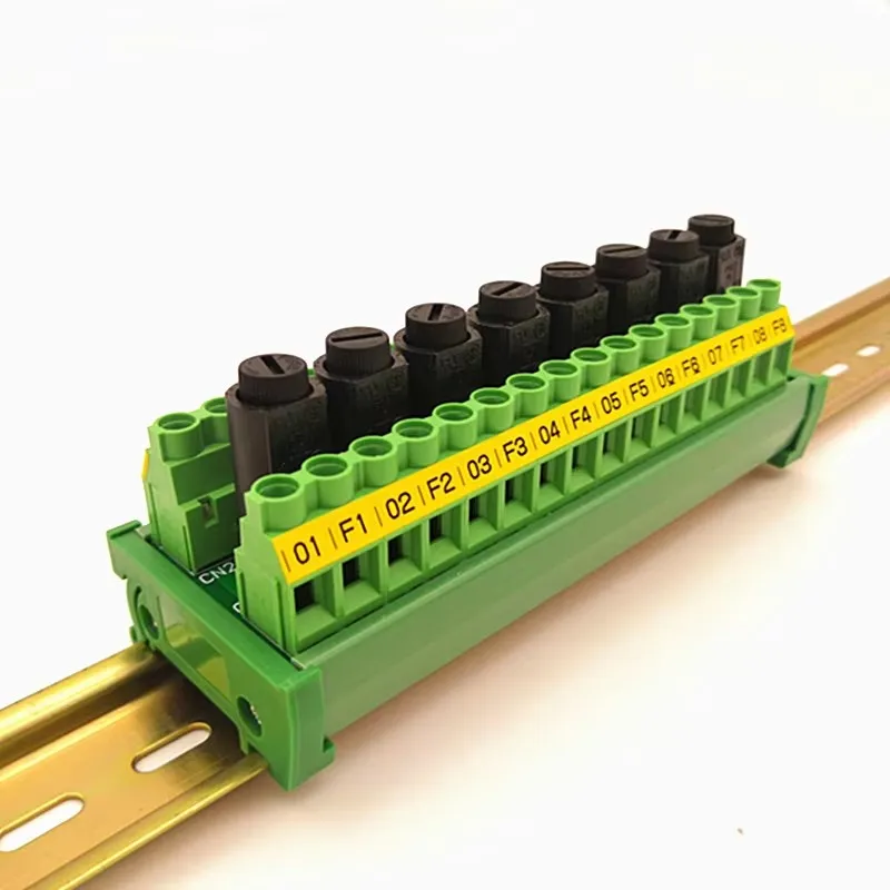 DIN Rail Mount 16 Position Screw Terminal Block Distribution Module with 8 Channel Fuses.
DIN Rail Mount 16 Position Screw Terminal Block Distribution Module with 8 Channel Fuses.