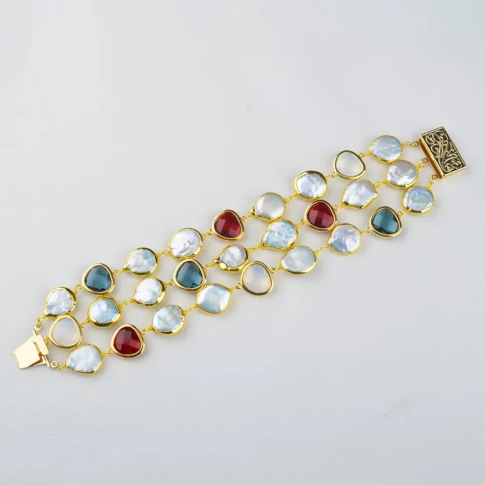 8" 3 Rows Natural Cultured White Coin Pearl Gold Plated Crystal Connector Bracelet
8" 3 Rows Natural Cultured White Coin Pearl Gold Plated Crystal Connector Bracelet