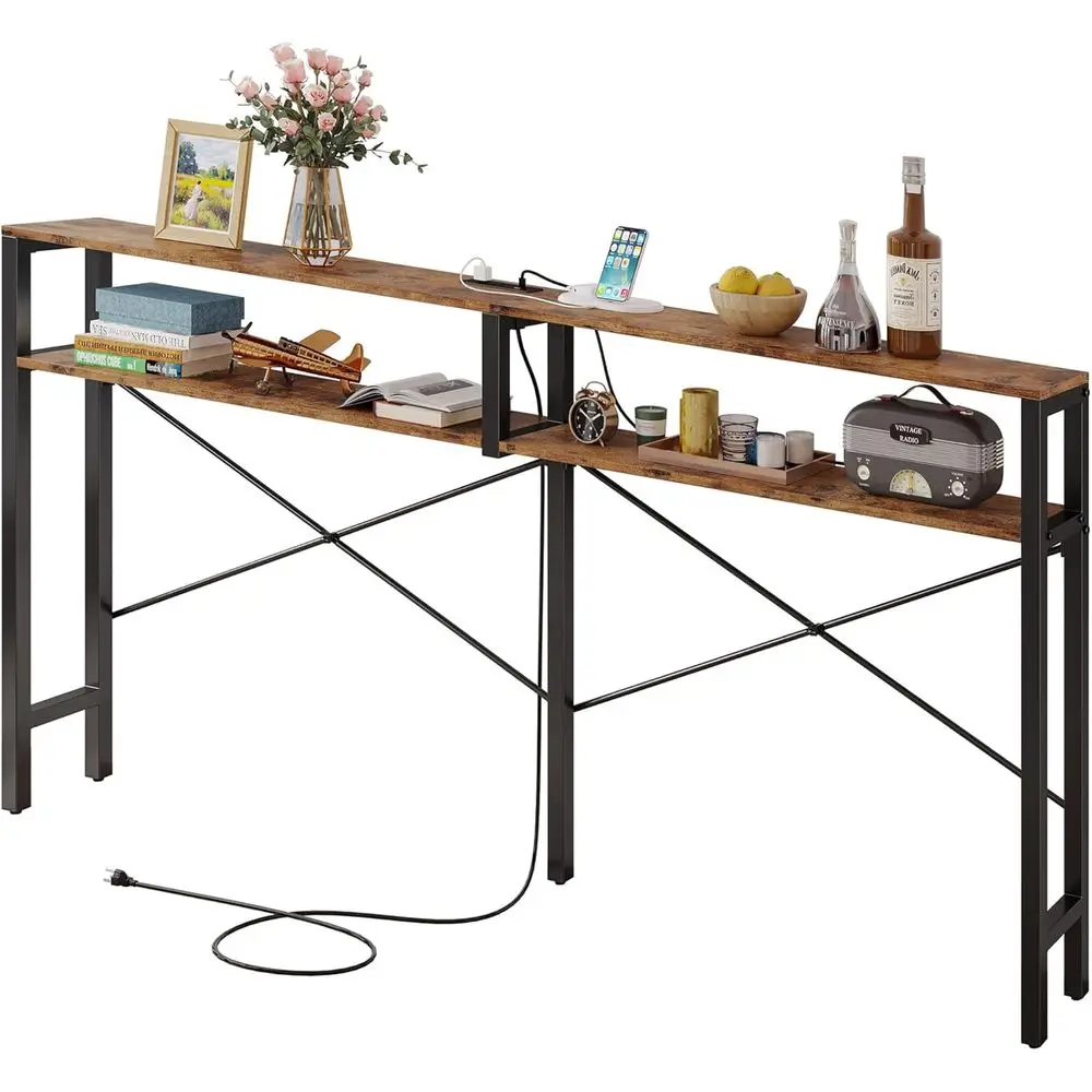 Power Outlet Dining Table, Long Sofa Table with Shelves, X-Design Sofa Table, Slim Entryway Sofa Table, Vintage Brown
Power Outlet Dining Table, Long Sofa Table with Shelves, X-Design Sofa Table, Slim Entryway Sofa Table, Vintage Brown