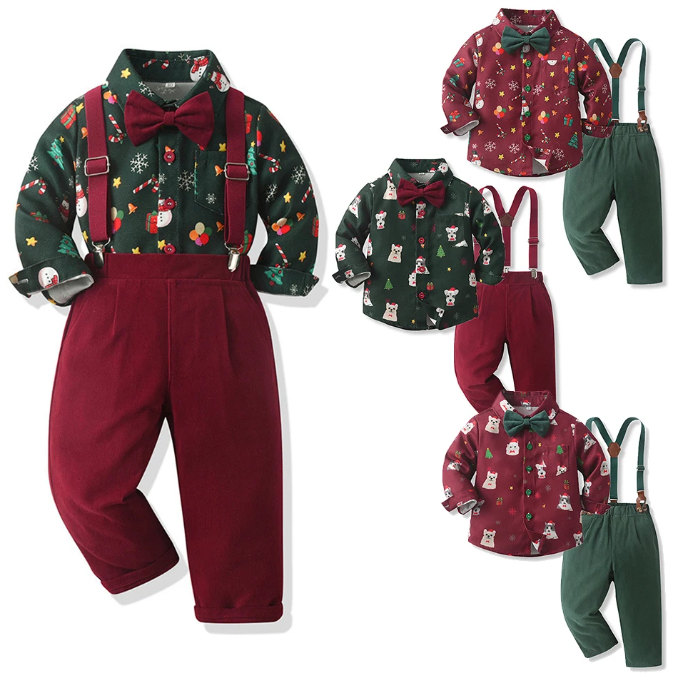 Boys Christmas Print Bow Formal Suits Shirt Overalls Set Children Carnival Xmas Party Gentleman Clothes Kids Performance Costume
Boys Christmas Print Bow Formal Suits Shirt Overalls Set Children Carnival Xmas Party Gentleman Clothes Kids Performance Costume