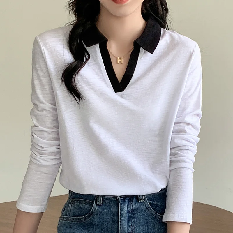 2023 Spring Bamboo Cotton Long-sleeve Basic T-shirt Women Turn-down Collar V-neck Korean Loose Tees Tops Female Clothing
2023 Spring Bamboo Cotton Long-sleeve Basic T-shirt Women Turn-down Collar V-neck Korean Loose Tees Tops Female Clothing