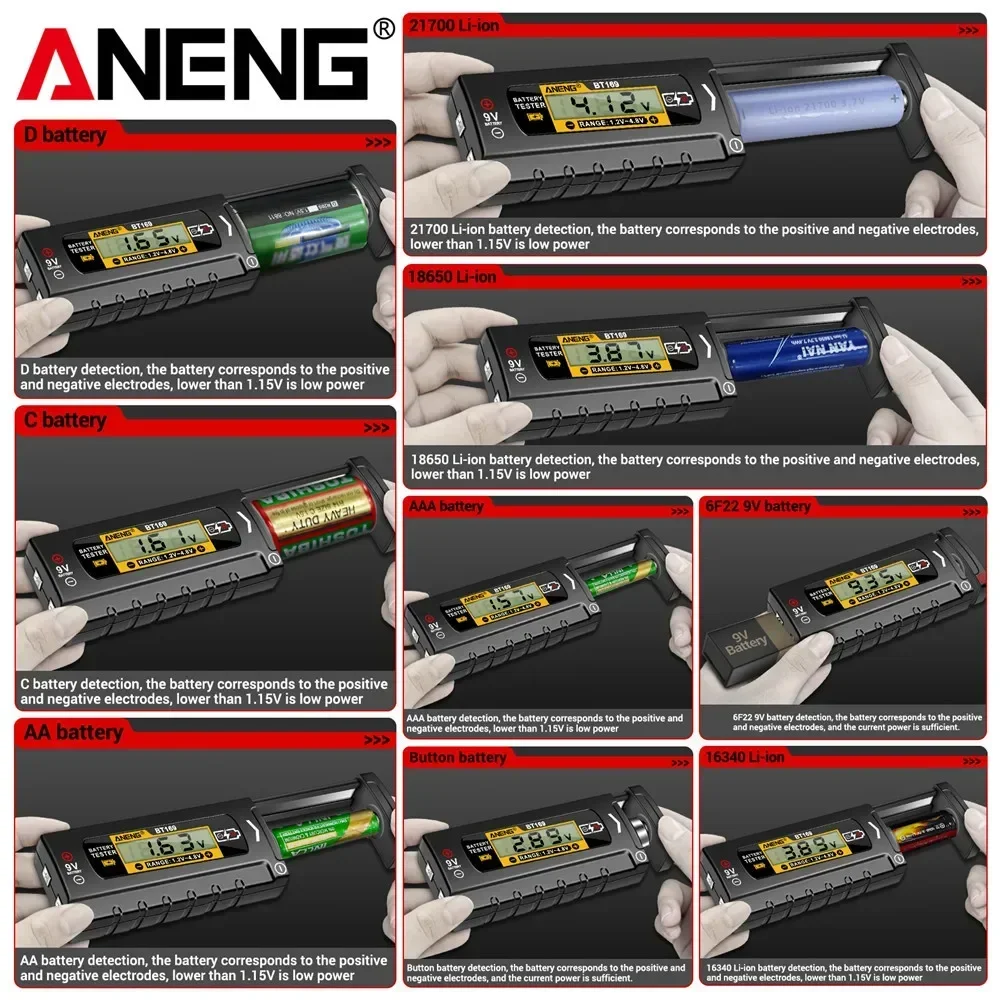 ANENG LCD Battery Indicator Gauge Checker Household Analyzer Universal Battery Tester 9V 1.5V Button Cell Test Meter Tools BT169
ANENG LCD Battery Indicator Gauge Checker Household Analyzer Universal Battery Tester 9V 1.5V Button Cell Test Meter Tools BT169