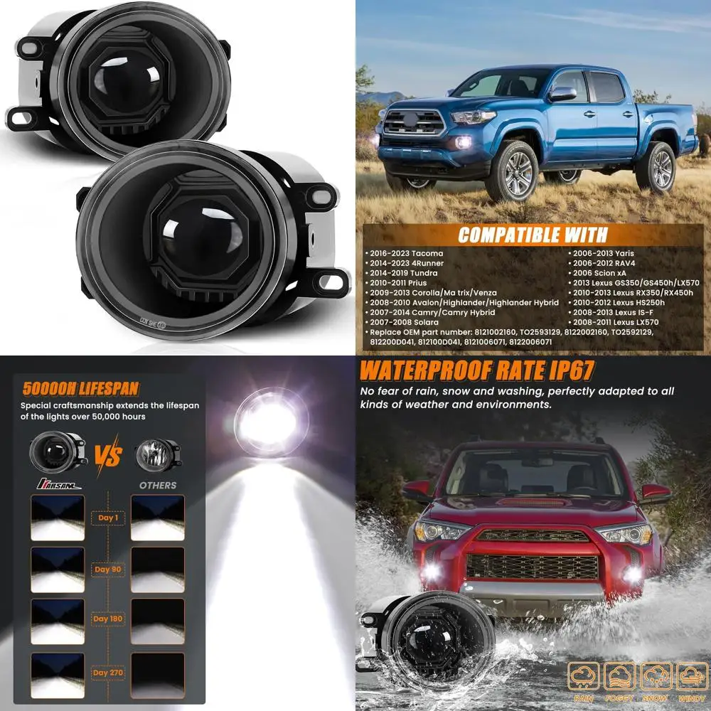 Universal LED Fog Lights Kit for 2016-2023 Tacoma, 4Runner, Tundra, 2007-2014 Camry, 2006-2012 RAV4, Yaris, Lexus IS-F, Front Bu
Universal LED Fog Lights Kit for 2016-2023 Tacoma, 4Runner, Tundra, 2007-2014 Camry, 2006-2012 RAV4, Yaris, Lexus IS-F, Front Bu