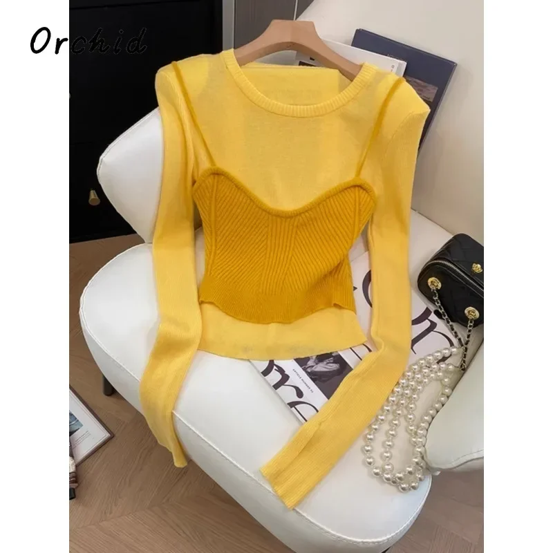 Sweet Fake Two Piece Knitting Long Sleeve Casual Yellow Pullovers 2024 Winter Women Lovely Jumpers Round Neck Ladies Sweater
Sweet Fake Two Piece Knitting Long Sleeve Casual Yellow Pullovers 2024 Winter Women Lovely Jumpers Round Neck Ladies Sweater