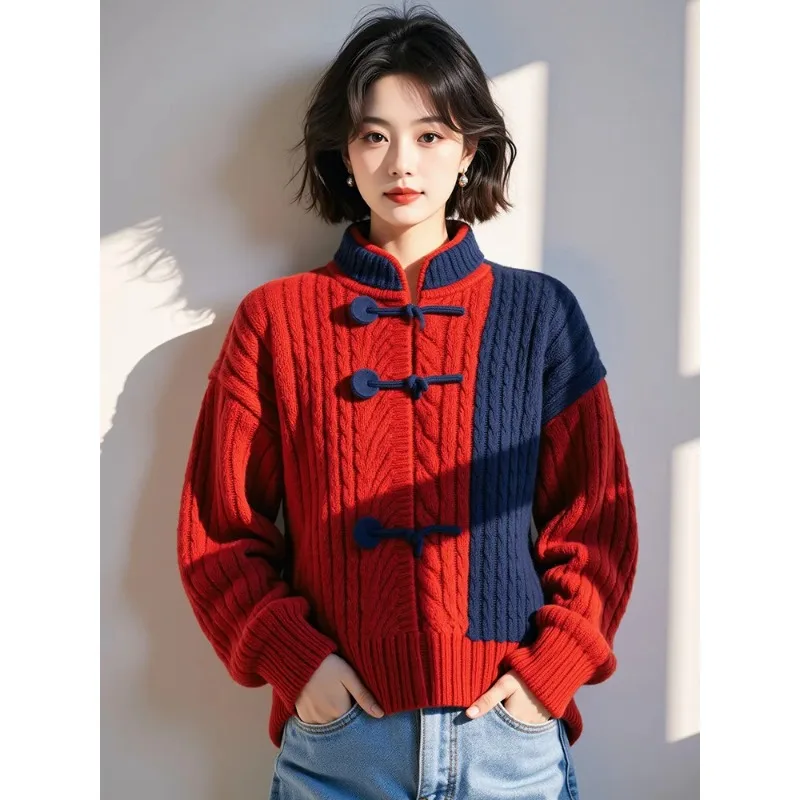 New Chinese Style Red and Blue Contrast Sweater Jacket for Women 2025 Autumn and Winter New Versatile Casual Sweater
New Chinese Style Red and Blue Contrast Sweater Jacket for Women 2025 Autumn and Winter New Versatile Casual Sweater