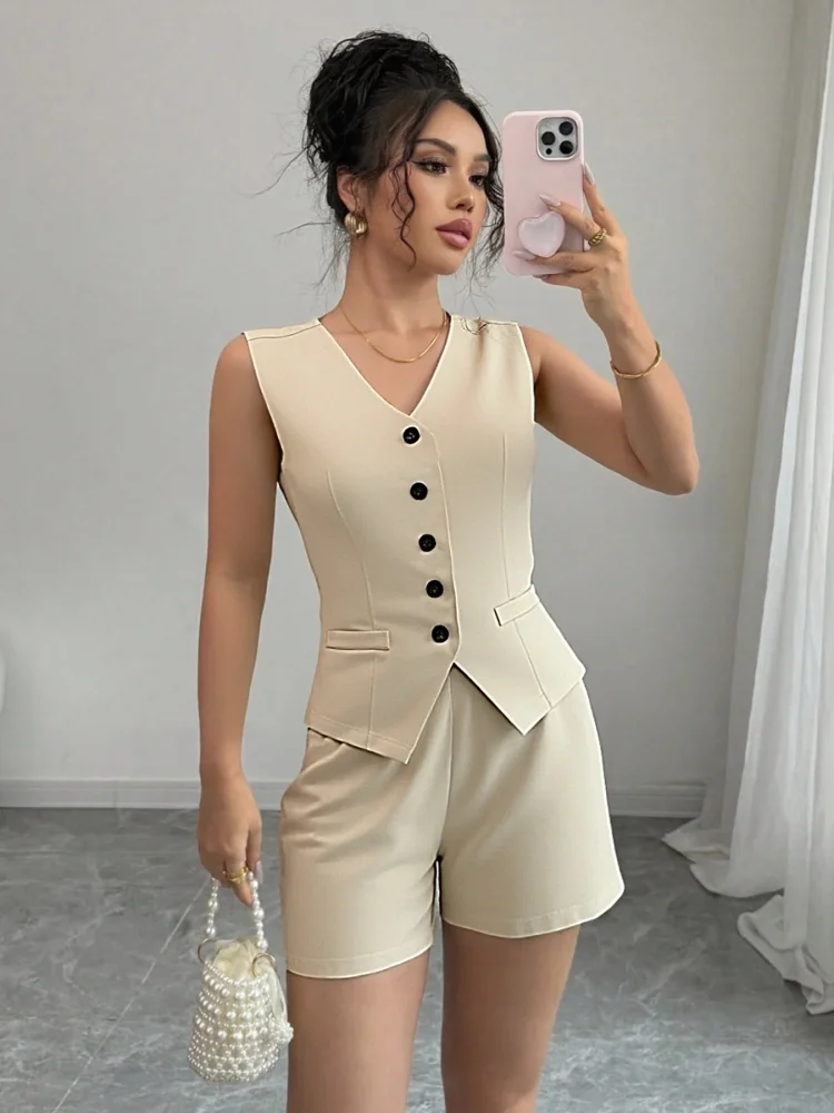 2Pcs Set For Women Casual V Neck Sleeveless Tops High Waist Shorts Suit Summer Womens Clothing Elegant Solid Commuter Wear
2Pcs Set For Women Casual V Neck Sleeveless Tops High Waist Shorts Suit Summer Womens Clothing Elegant Solid Commuter Wear