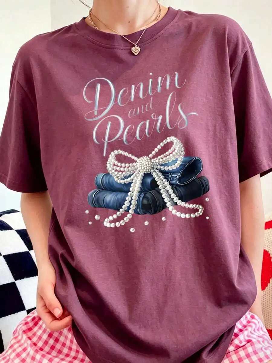 Womens Denim And Pearls Graphic Tee With Bow Design Loose Fit Casual T-Shirt
Womens Denim And Pearls Graphic Tee With Bow Design Loose Fit Casual T-Shirt