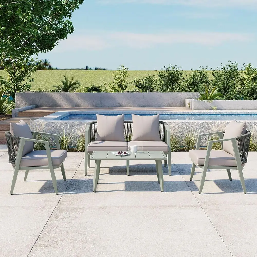 Green 4-Piece Patio Furniture Set with Cushions, Table, Bench, and Chairs for Garden or Poolside
Green 4-Piece Patio Furniture Set with Cushions, Table, Bench, and Chairs for Garden or Poolside