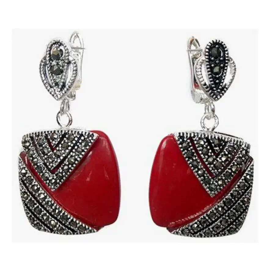 Fashion jewelry charm lady's 925 Silver Hook Red Coral Marcasite Square Earrings
Fashion jewelry charm lady's 925 Silver Hook Red Coral Marcasite Square Earrings