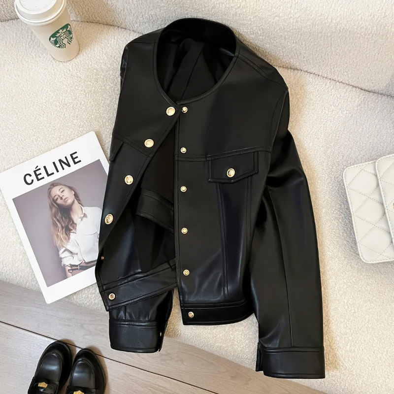 Women Black Slim Fake Leather Jacket Spring 2025 New O Neck Fashion Casual Loose Long Sleeve Faux Leather Jacket Female
Women Black Slim Fake Leather Jacket Spring 2025 New O Neck Fashion Casual Loose Long Sleeve Faux Leather Jacket Female