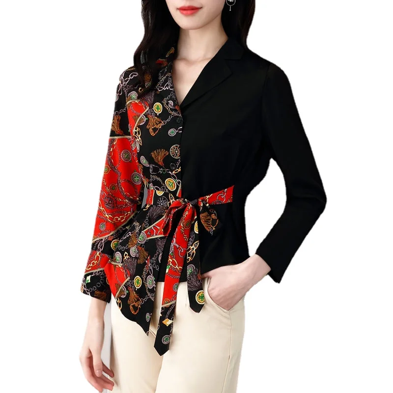 Fashionable decor women's shirt lace up 2023 spring and autumn new stitching printed V-neck personality
Fashionable decor women's shirt lace up 2023 spring and autumn new stitching printed V-neck personality