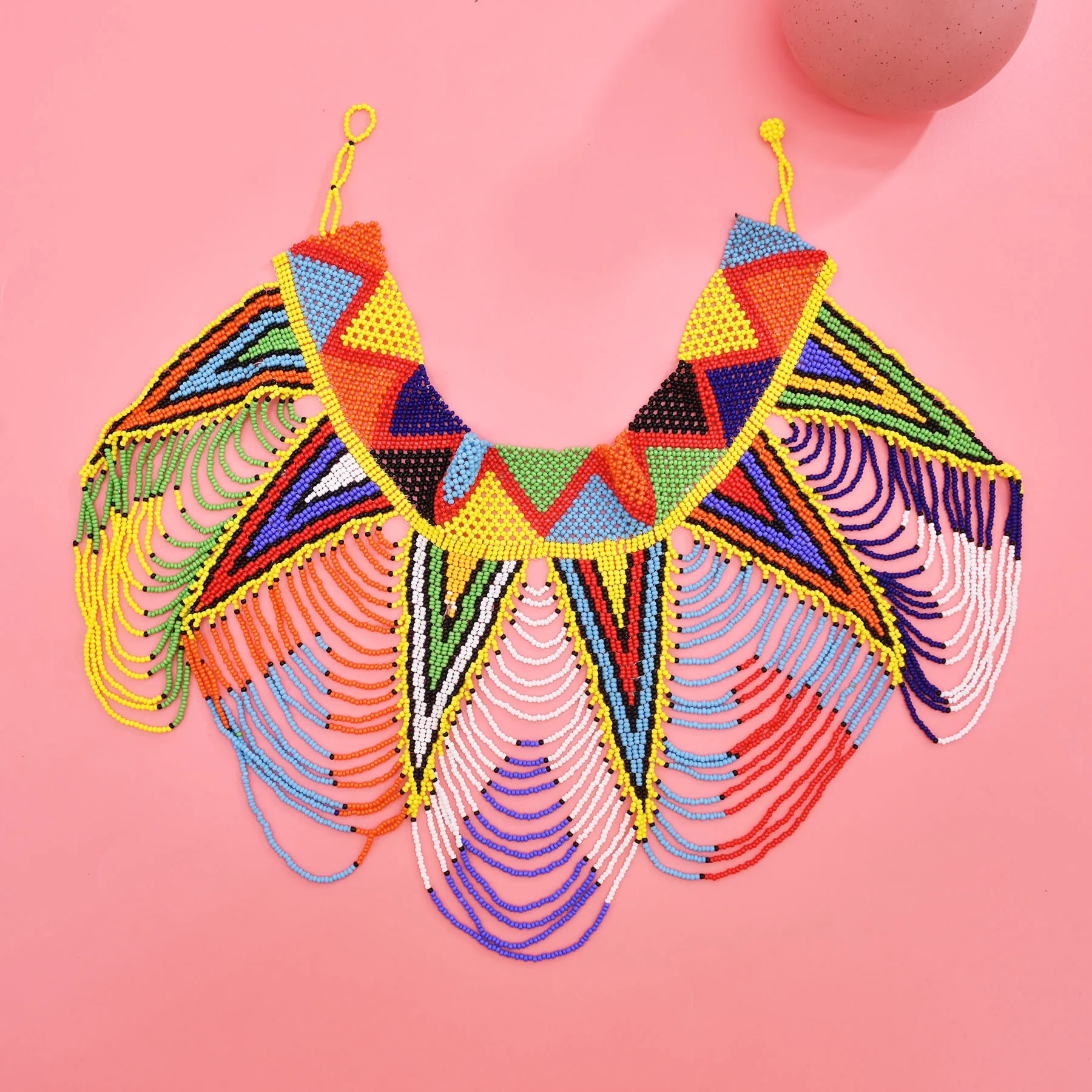Colorful Beads Triangular Geometric Pattern Bib Necklace Hand Woven Beaded Shawl Bohemian African Ethnic Tribal Neck Jewelry 
Colorful Beads Triangular Geometric Pattern Bib Necklace Hand Woven Beaded Shawl Bohemian African Ethnic Tribal Neck Jewelry