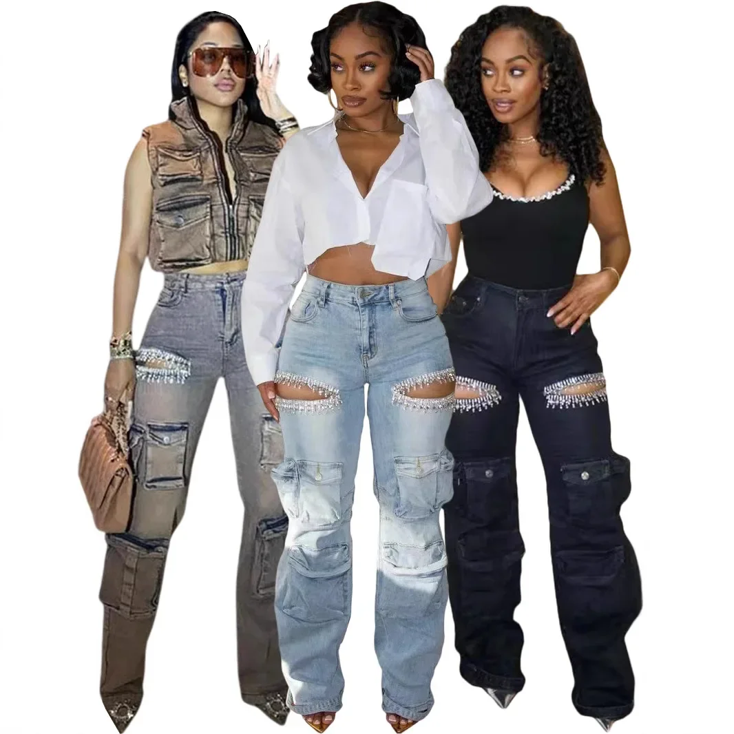 Ladies' Four Seasons Fashionable Washed Multi-pocket Jeans, Heavy-duty Hot Diamond Ripped Casual High-waisted Straight-leg Jeans
Ladies' Four Seasons Fashionable Washed Multi-pocket Jeans, Heavy-duty Hot Diamond Ripped Casual High-waisted Straight-leg Jeans