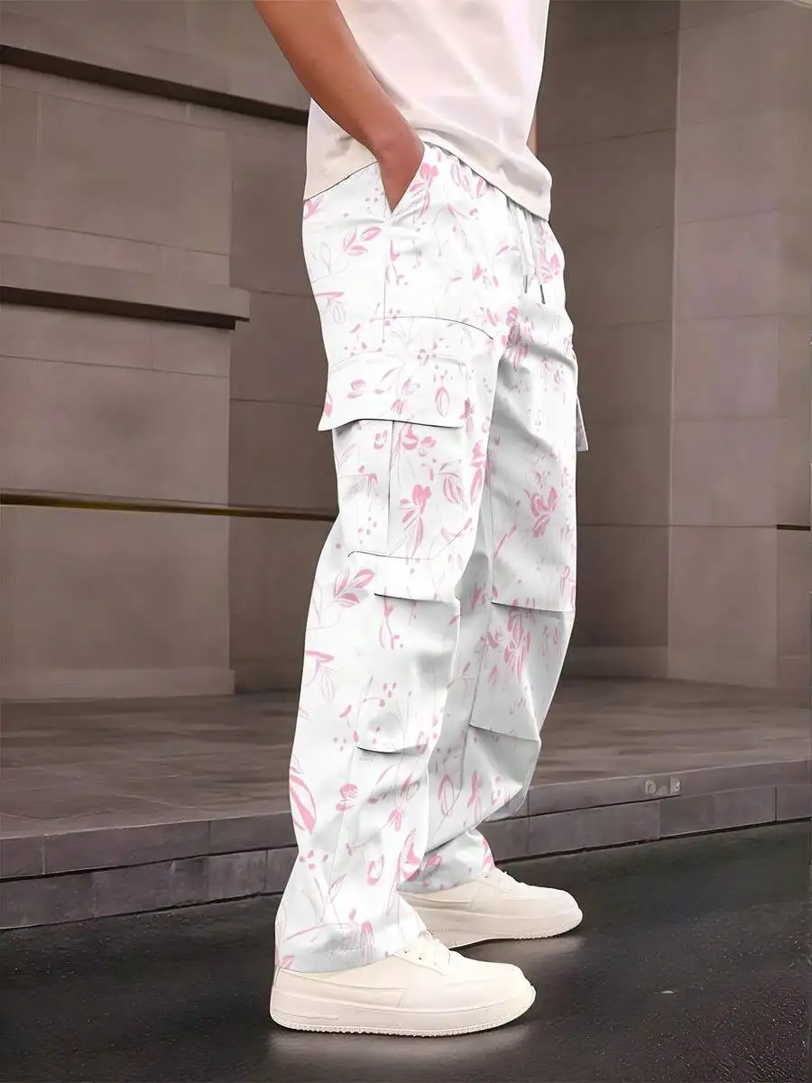 Mens Casual Straight Leg Cargo Pants With Pink Floral Print Elastic Drawstring Waist Multi Pocket
Mens Casual Straight Leg Cargo Pants With Pink Floral Print Elastic Drawstring Waist Multi Pocket