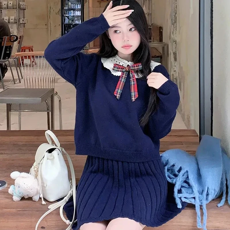 Вязаные комплекты из двух предметов в стиле преппи, женские укороченные свитера с милым бантом и воротником «Питер Пэн», студенческая повседневная милая мини-юбка с высокой талией, новинка
Вязаные комплекты из двух предметов в стиле преппи, женские укороченные свитера с милым бантом и воротником «Питер Пэн», студенческая повседневная милая мини-юбка с высокой талией, новинка