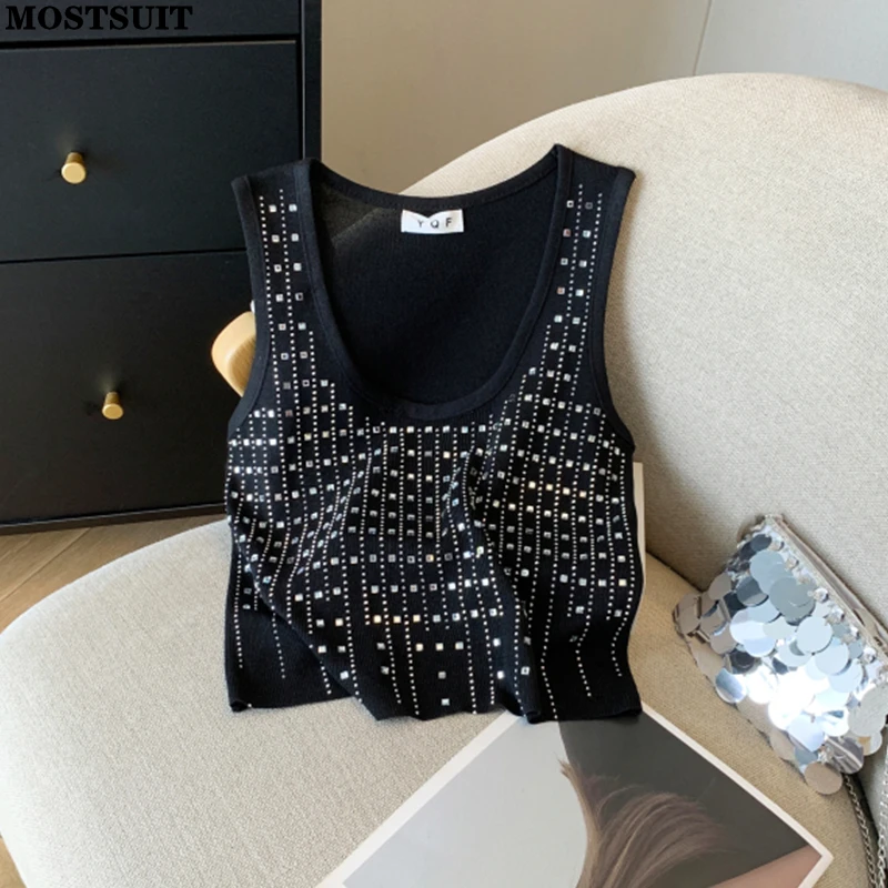 Rhinestones Sweater Vest Women Slim Knit Crop Tops 2025 Summer Sleeveless Sexy Chic Ladies Tank Tees Knitwear 2025
Rhinestones Sweater Vest Women Slim Knit Crop Tops 2025 Summer Sleeveless Sexy Chic Ladies Tank Tees Knitwear 2025