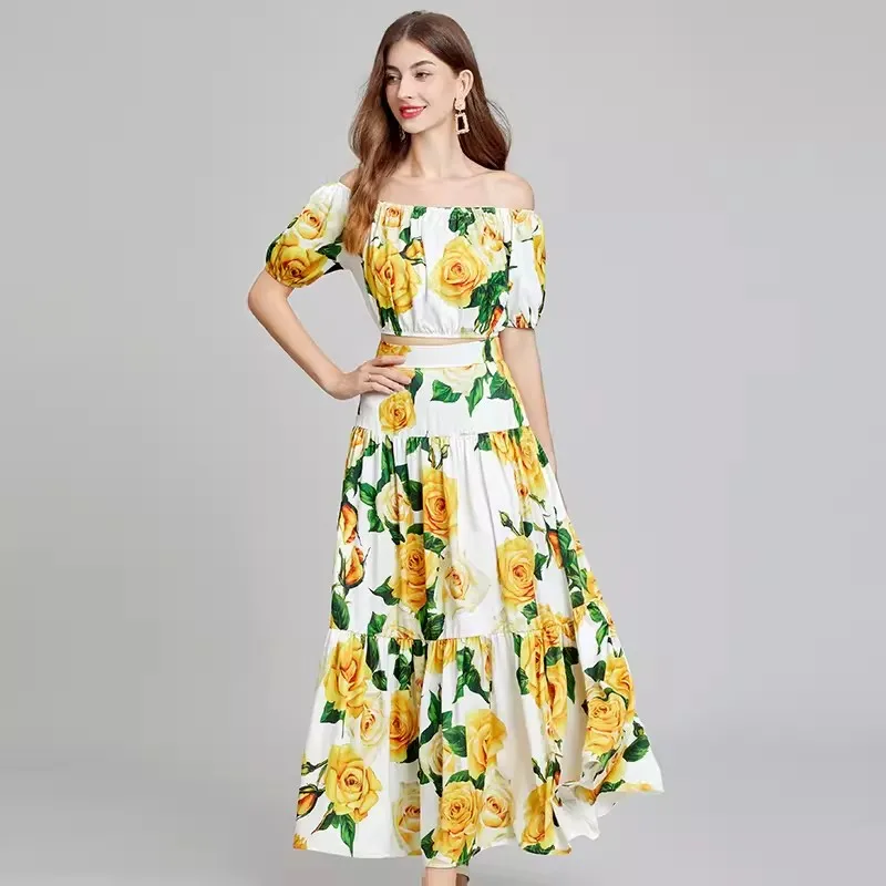 Brand Designer Yellow Rose Flower Two Piece Set For Women Off Shoulder Cropped Tops+Long Skirts Suits Summer Beach Holiday Set
Brand Designer Yellow Rose Flower Two Piece Set For Women Off Shoulder Cropped Tops+Long Skirts Suits Summer Beach Holiday Set