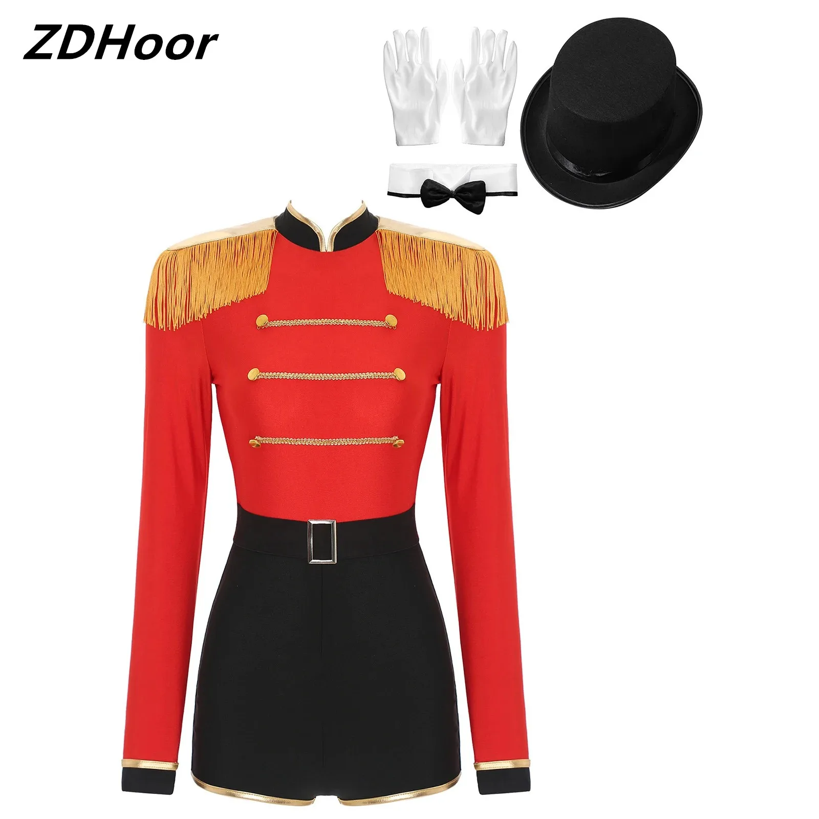 Womens Circus Ringmaster Costume Set Halloween Long Sleeve Fringed Shoulder Back Zipper Bodysuit with Hat Collar Gloves
Womens Circus Ringmaster Costume Set Halloween Long Sleeve Fringed Shoulder Back Zipper Bodysuit with Hat Collar Gloves