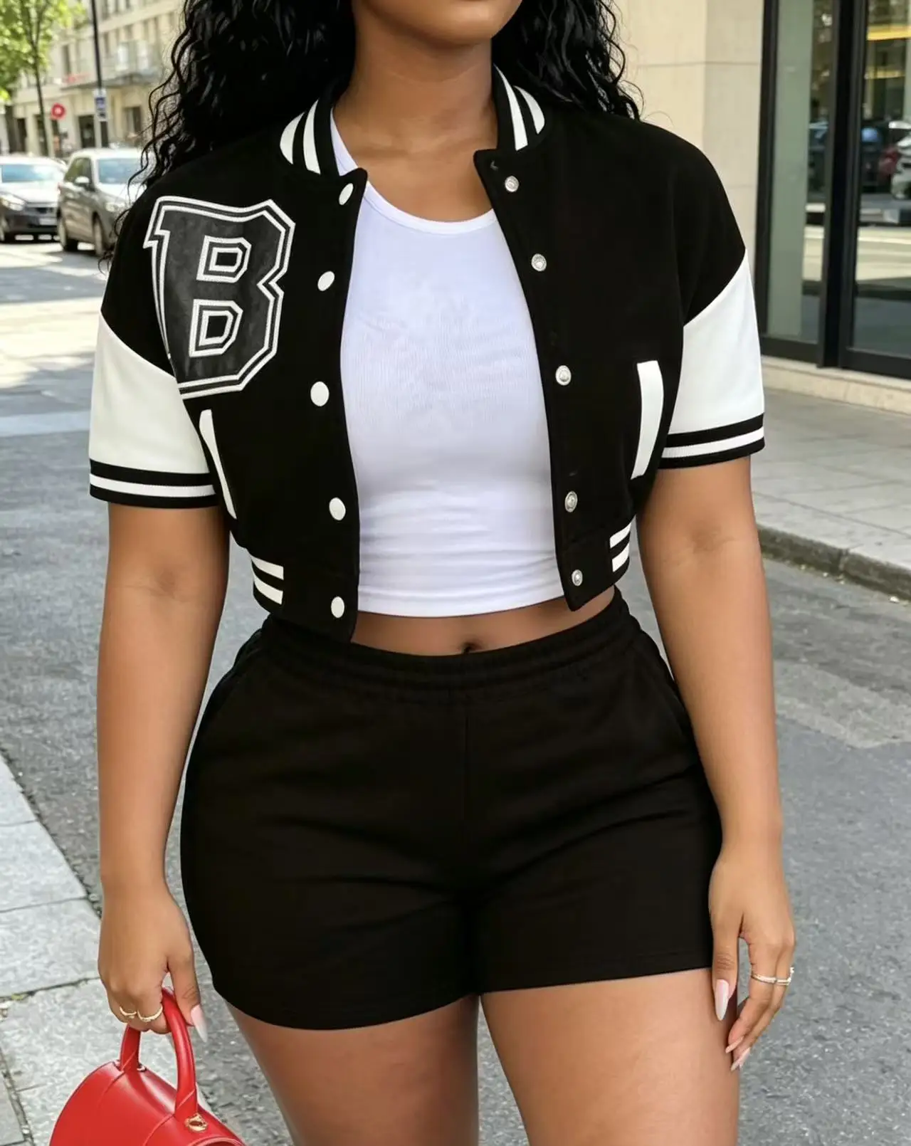 Plus size colorblock short sleeve baseball set: letter embroidered cropped jacket elastic waist casual shorts two-piece set
Plus size colorblock short sleeve baseball set: letter embroidered cropped jacket elastic waist casual shorts two-piece set