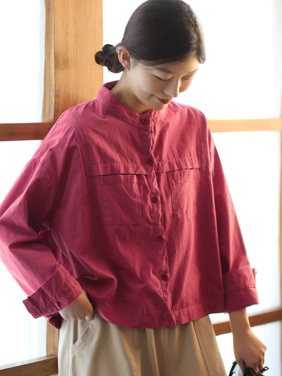 Ele Long Sve Cotton irt Women's Stand Collar Spring Sle Pure Color Outerwear Jaet Comfortable Fit Commute Faion
Ele Long Sve Cotton irt Women's Stand Collar Spring Sle Pure Color Outerwear Jaet Comfortable Fit Commute Faion