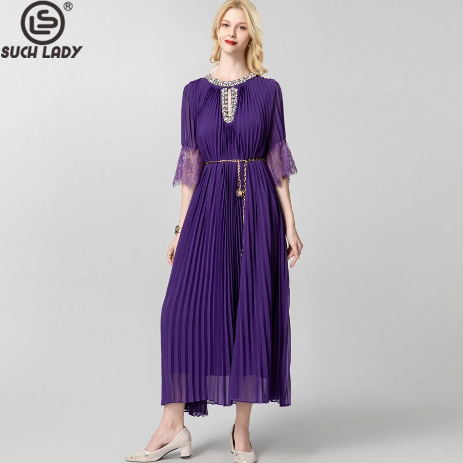 Women's Dresses O Neck Half Sleeves Beaded Pleated Loose Designer Elegant Fashion Robes Vestidos
Women's Dresses O Neck Half Sleeves Beaded Pleated Loose Designer Elegant Fashion Robes Vestidos