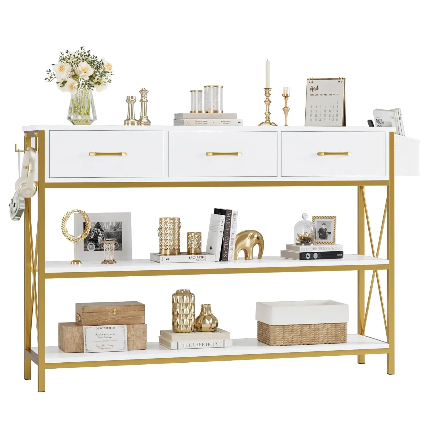 47.2" Narrow Console Table 3 Drawers & 3-Tier Shelves Industrial Entryway Hallway Living Room Kitchen White Gold, Customized
47.2" Narrow Console Table 3 Drawers & 3-Tier Shelves Industrial Entryway Hallway Living Room Kitchen White Gold, Customized