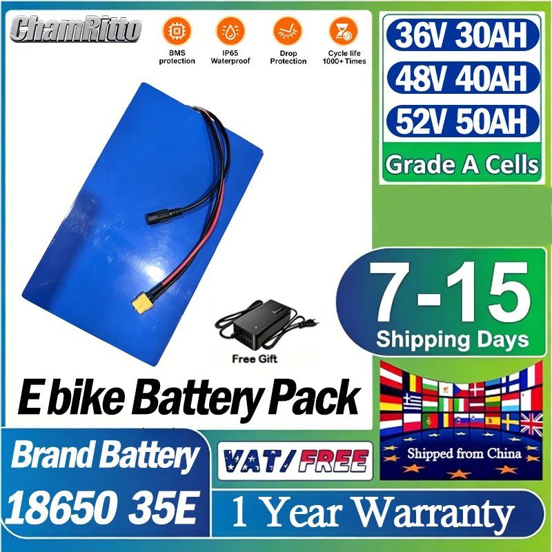48V Electric Bike Battery 36V52V chamrider Bicycle 25ah 28ah 35ah 50ah Lithium Battery 60A BMS 250W-2000W E-Scooter Battery pack
48V Electric Bike Battery 36V52V chamrider Bicycle 25ah 28ah 35ah 50ah Lithium Battery 60A BMS 250W-2000W E-Scooter Battery pack