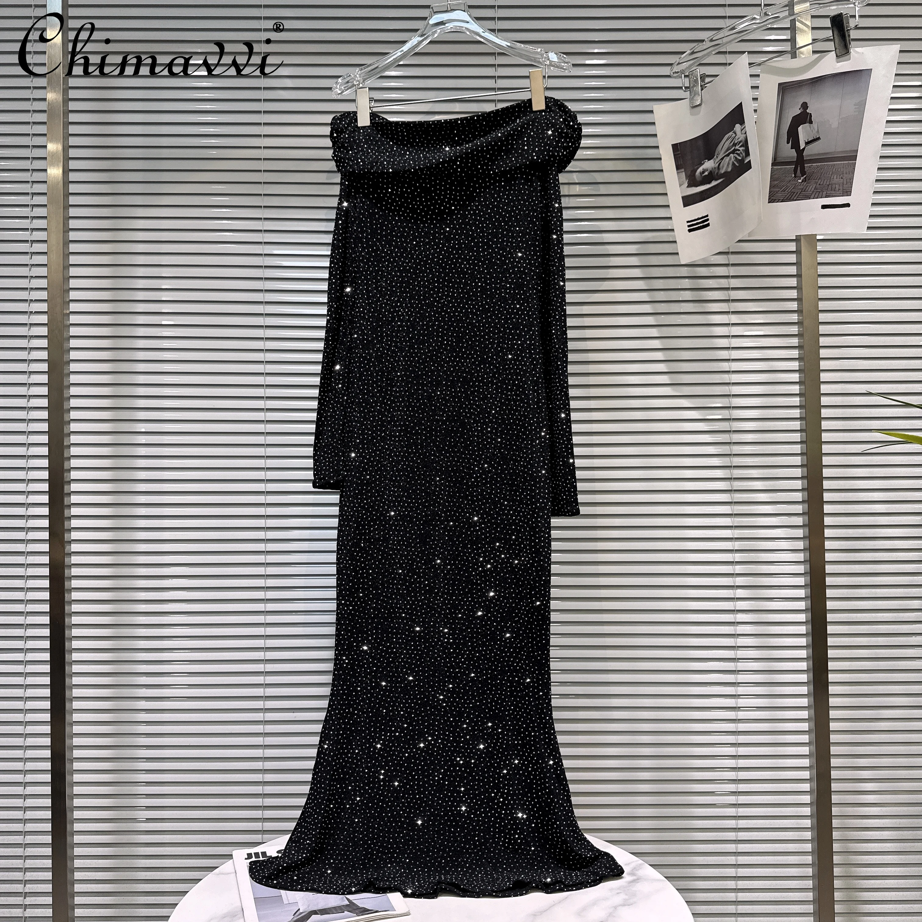 French Elegant Sexy Socialite Off-Shoulder Long Sleeve Evening Dress Full Diamond High Waist Slim Fit Black Maxi Dress for Women
French Elegant Sexy Socialite Off-Shoulder Long Sleeve Evening Dress Full Diamond High Waist Slim Fit Black Maxi Dress for Women