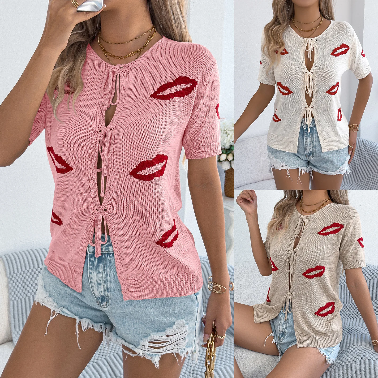 Women's Pink Lip Print Short Sleeve Knit Top Tie Front Cutout Casual Summer Blouse 2026 New Fashion
Women's Pink Lip Print Short Sleeve Knit Top Tie Front Cutout Casual Summer Blouse 2026 New Fashion