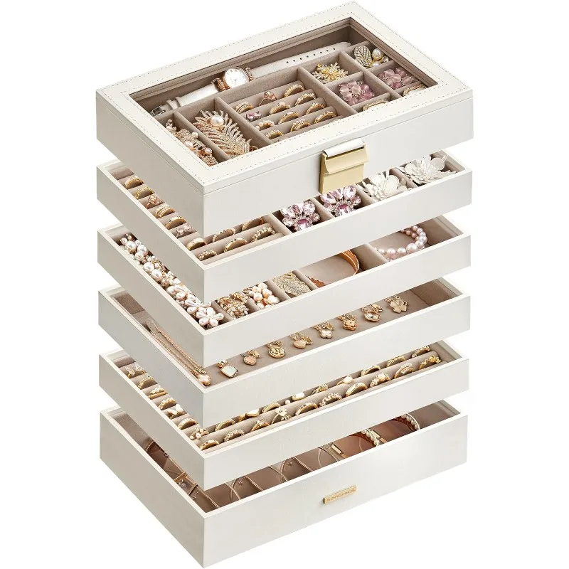 Stackable Jewelry Trays, 6-Tier Jewelry Box, Drawer Jewelry Organizer, with Glass Lid, Removable Dividers, for Vanity Table
Stackable Jewelry Trays, 6-Tier Jewelry Box, Drawer Jewelry Organizer, with Glass Lid, Removable Dividers, for Vanity Table