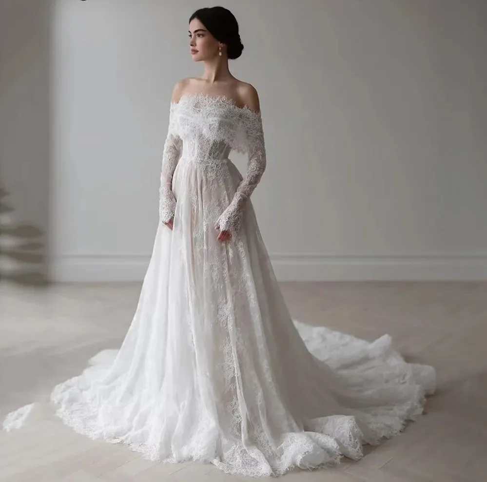 2025 New Modern Lace Wedding Dress Off The Shoulder Full Sleeves A-line Church Bride Bridal Gowns robe de mariage
2025 New Modern Lace Wedding Dress Off The Shoulder Full Sleeves A-line Church Bride Bridal Gowns robe de mariage
