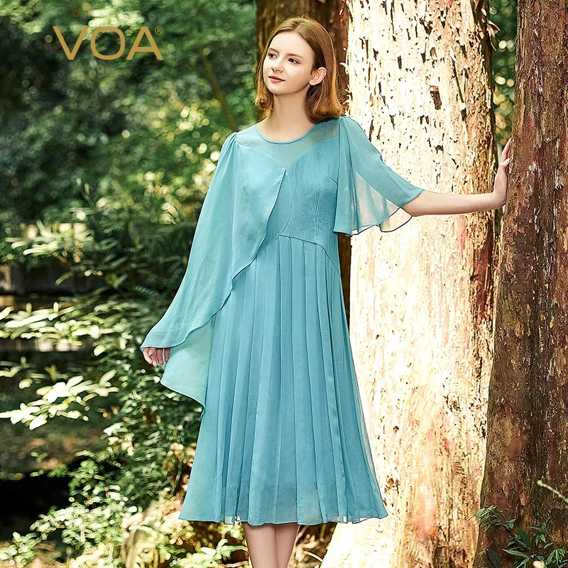 VOA Silk Georgette Double Layer Ice Blue O-neck Dresses Women Asymmetric Short Sleeve Pleated Flowing Silk Summer Dress AE2101
VOA Silk Georgette Double Layer Ice Blue O-neck Dresses Women Asymmetric Short Sleeve Pleated Flowing Silk Summer Dress AE2101