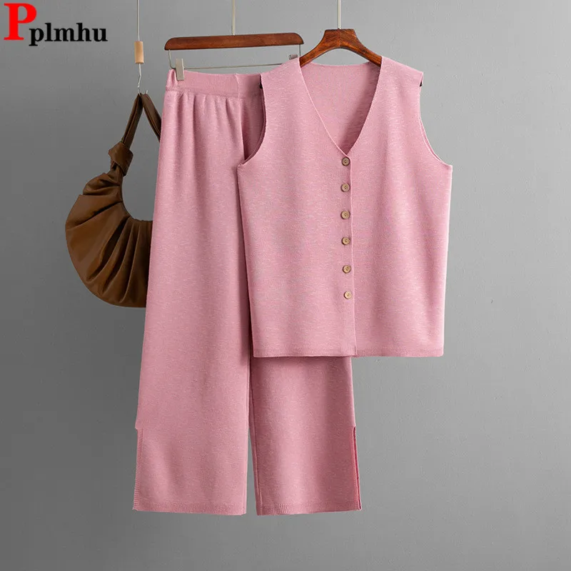 Women Loose Knitted 2 Piece Sets Korean V-neck Sleeveless Single Breasted Vest Tops Conjuntos High Waist Straight Pants Outfit
Women Loose Knitted 2 Piece Sets Korean V-neck Sleeveless Single Breasted Vest Tops Conjuntos High Waist Straight Pants Outfit