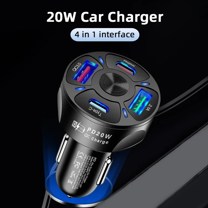Автомобильное зарядное устройство PD 3,0, 20 Вт, USB Тип C, 4 в 1, быстрое зарядное устройство для iPhone 15, 14 Pro Max, Samsung, Xiaomi, Huawei, видеорегистратор
Автомобильное зарядное устройство PD 3,0, 20 Вт, USB Тип C, 4 в 1, быстрое зарядное устройство для iPhone 15, 14 Pro Max, Samsung, Xiaomi, Huawei, видеорегистратор