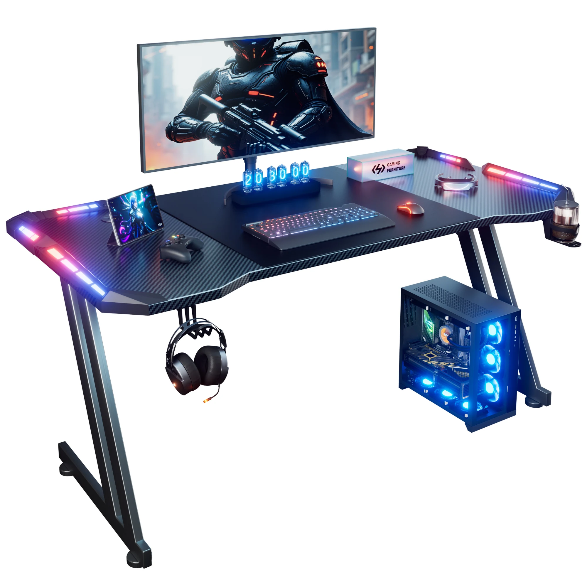 120/140/160cm Gaming Desk with LED Lights, Z Shaped Gaming Table with Cup Holder & Headphone Hook, Ergonomic Computer Table
120/140/160cm Gaming Desk with LED Lights, Z Shaped Gaming Table with Cup Holder & Headphone Hook, Ergonomic Computer Table