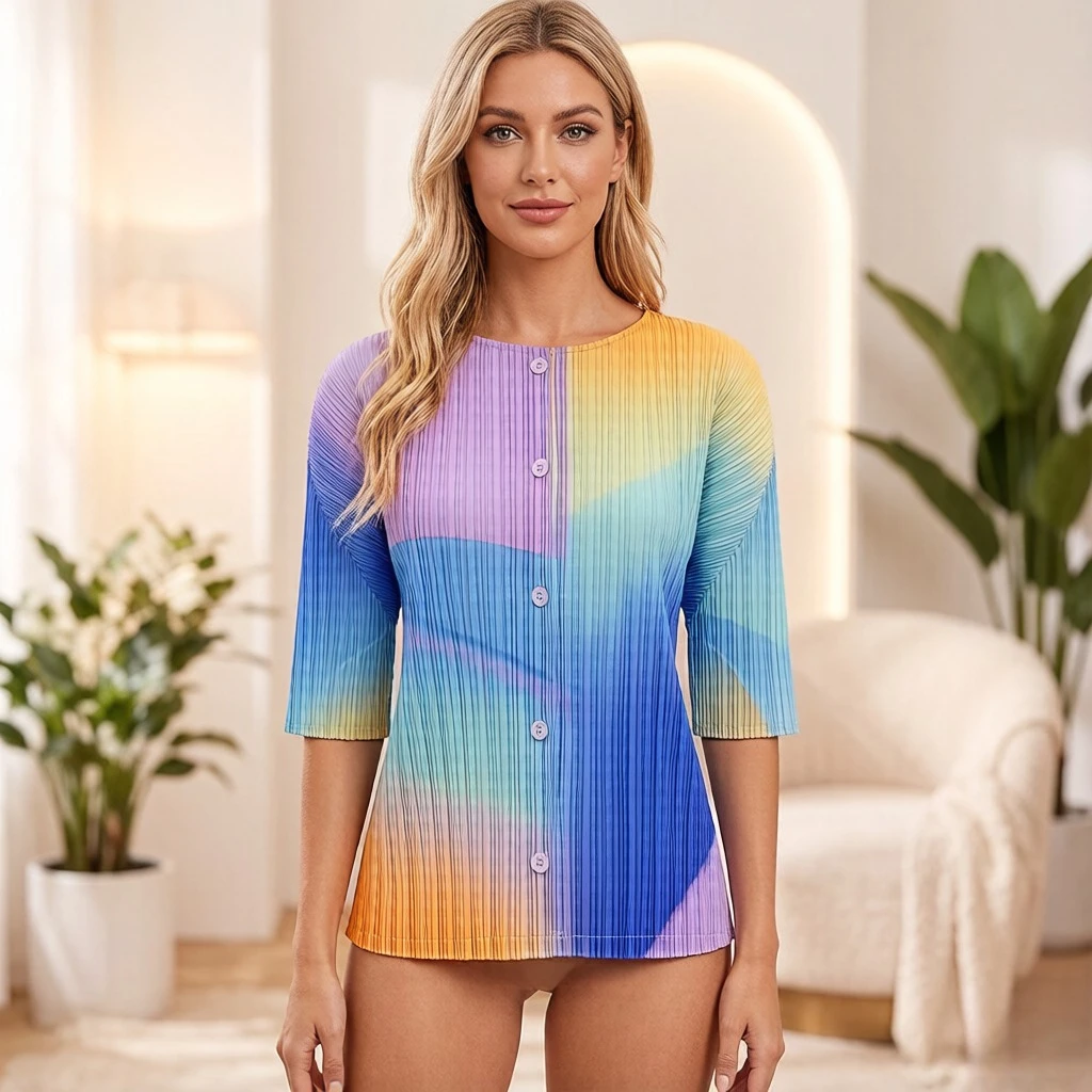 Miyake Pleated 2026 Spring/summer New Rainbow Color Single Breasted Top for Women, Loose and Niche Shirt, Versatile Top Pleat
Miyake Pleated 2026 Spring/summer New Rainbow Color Single Breasted Top for Women, Loose and Niche Shirt, Versatile Top Pleat